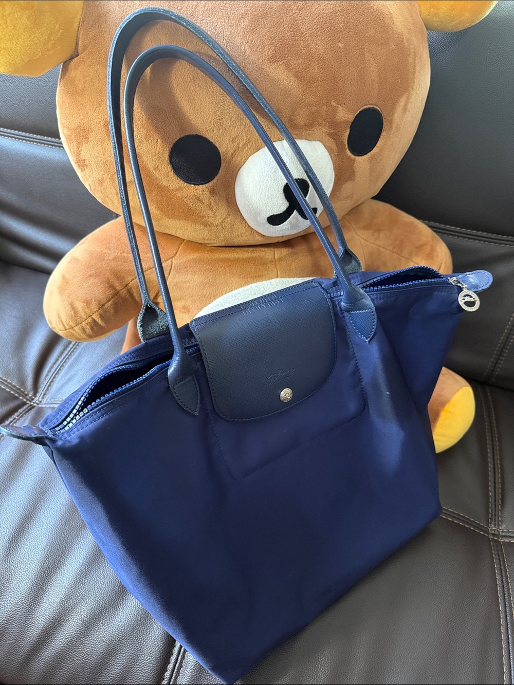 Longchamp Navy Blue Le Pliage Tote with Leather Trim